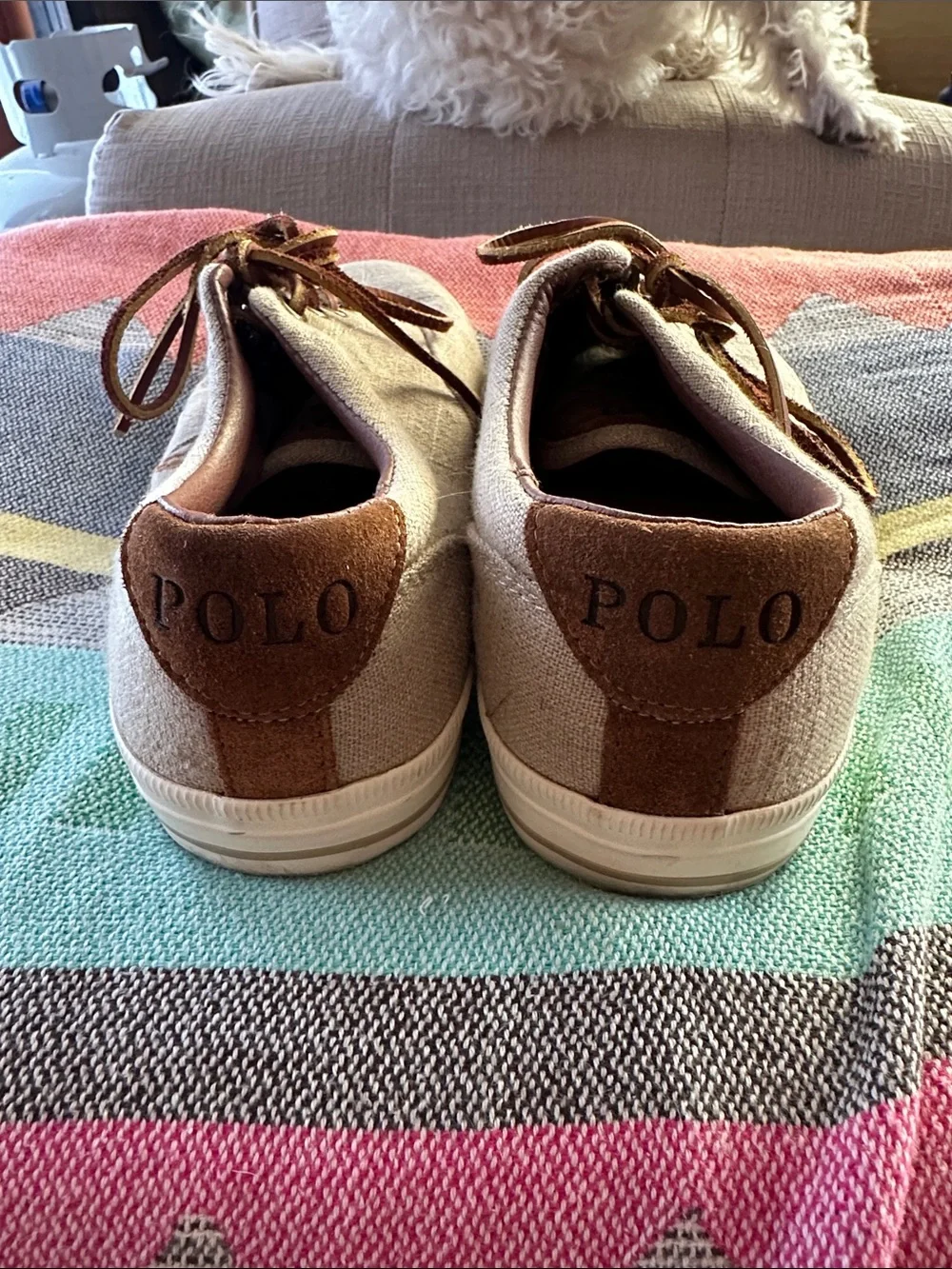 Polo by Ralph Lauren Beige Linen & Suede Boat Shoes with Brown Leather Laces 8.5
